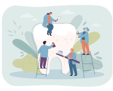 Tiny dentists taking care about huge tooth, Small teeth doctors examining, cleaning, brushing molar, preventing cavity. Caries prevention, treatment, stomatology, dentistry vector illustration