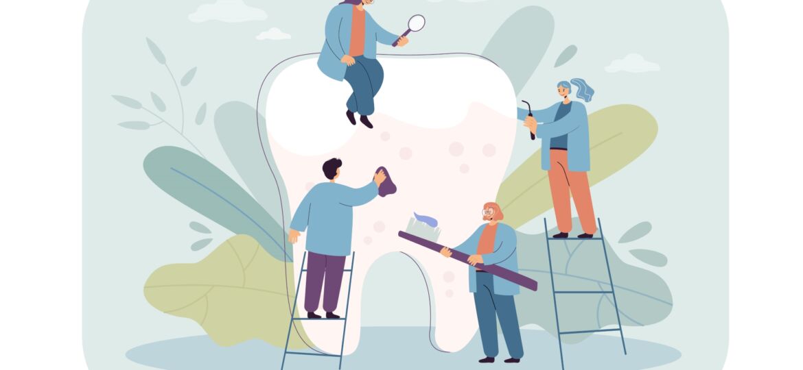 Tiny dentists taking care about huge tooth